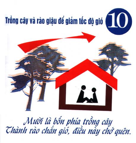 Poster with ten key principles of storm resistant construction - Plant trees around the house as wind breaks and to reduce pressure of water; but not too close